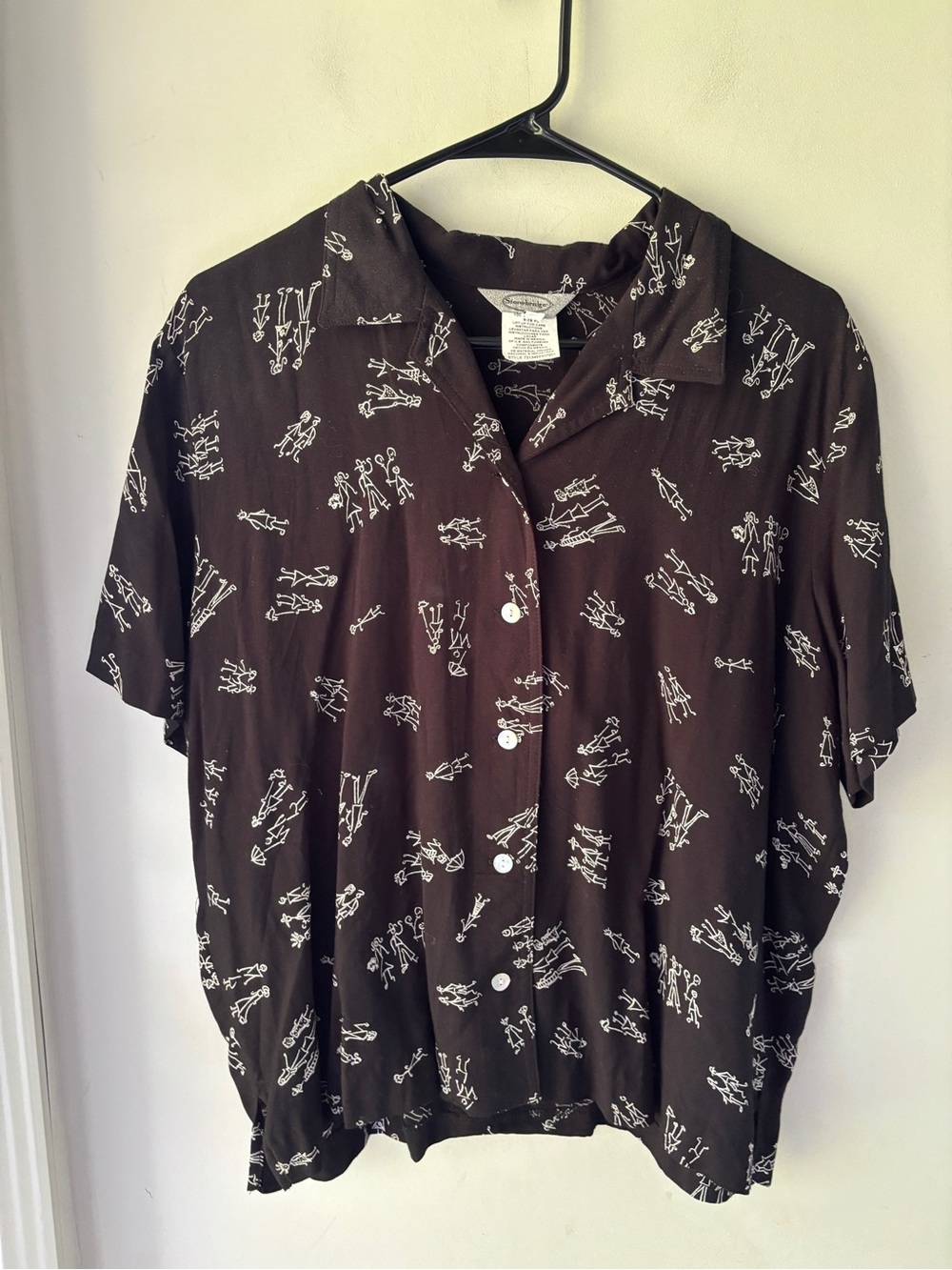 Stonebridge Black Button Up Short Sleeve White Doodle Print People Large